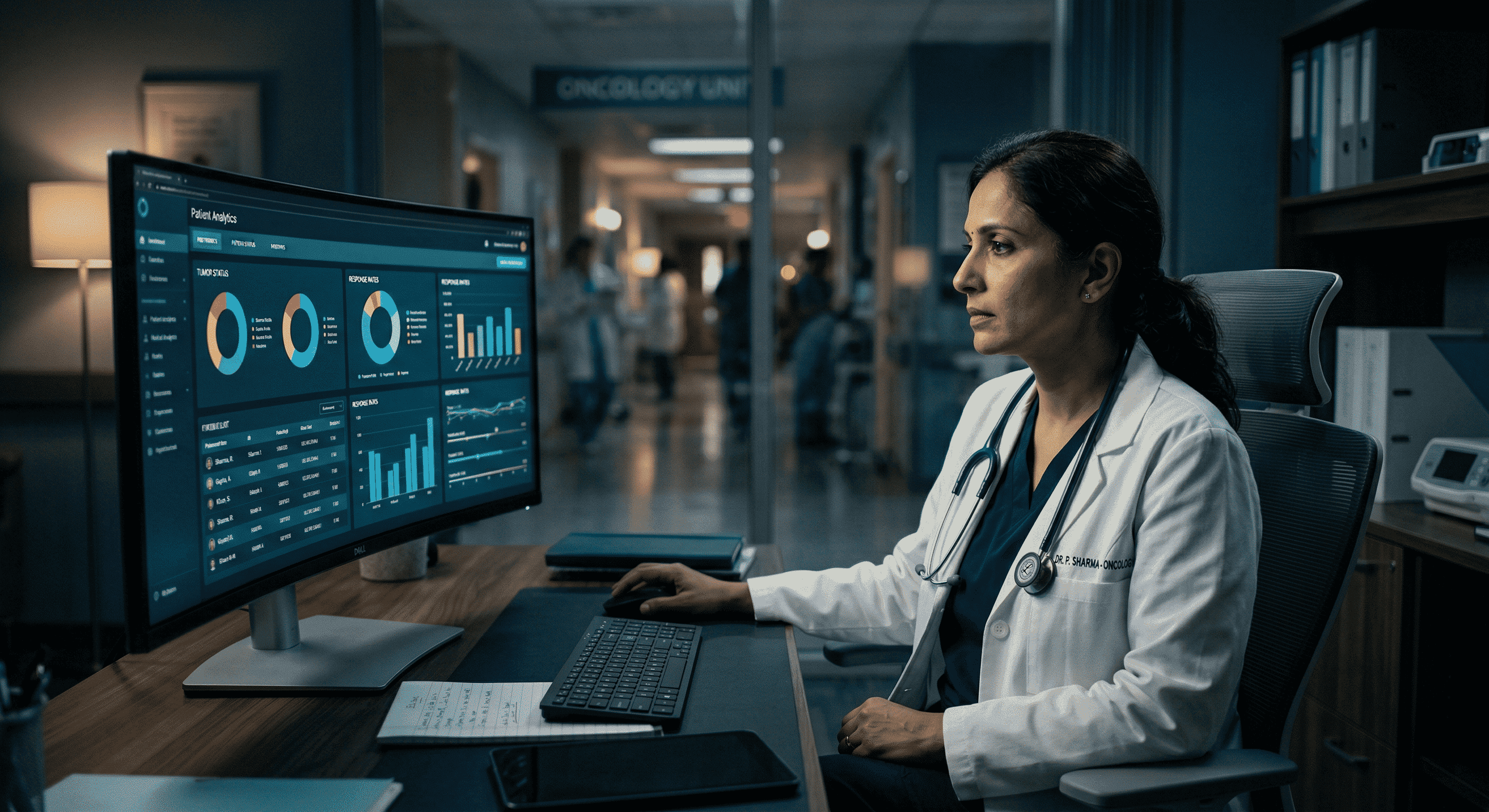 Doctor reviewing cohort analytics on the CanTRAC dashboard