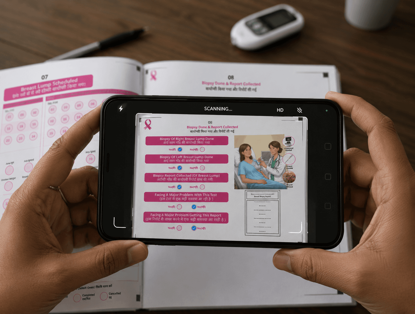 Scanning a CanTRAC breast-cancer diary page in the app
