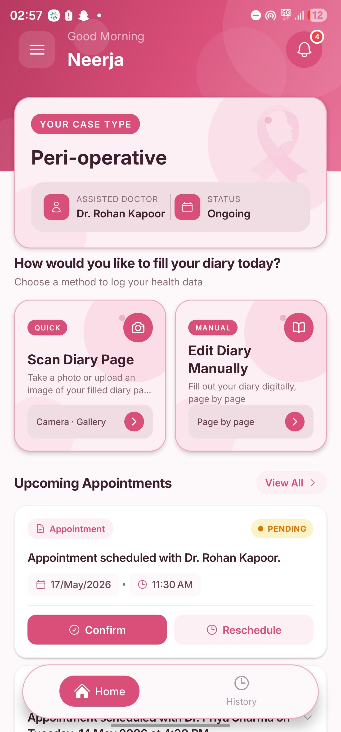 Patient home — choose how to fill today's diary