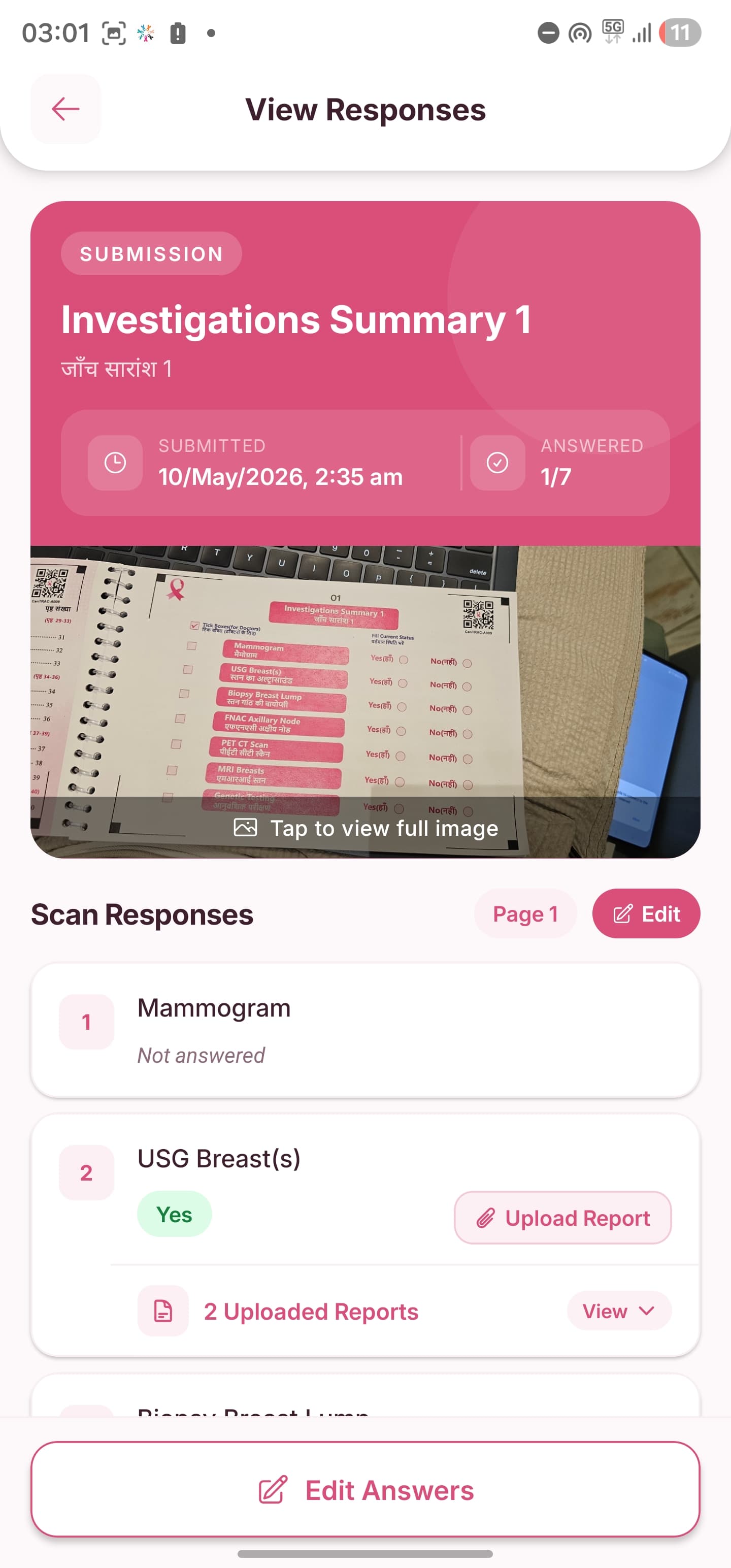 Scanned diary page with AI-extracted investigation answers